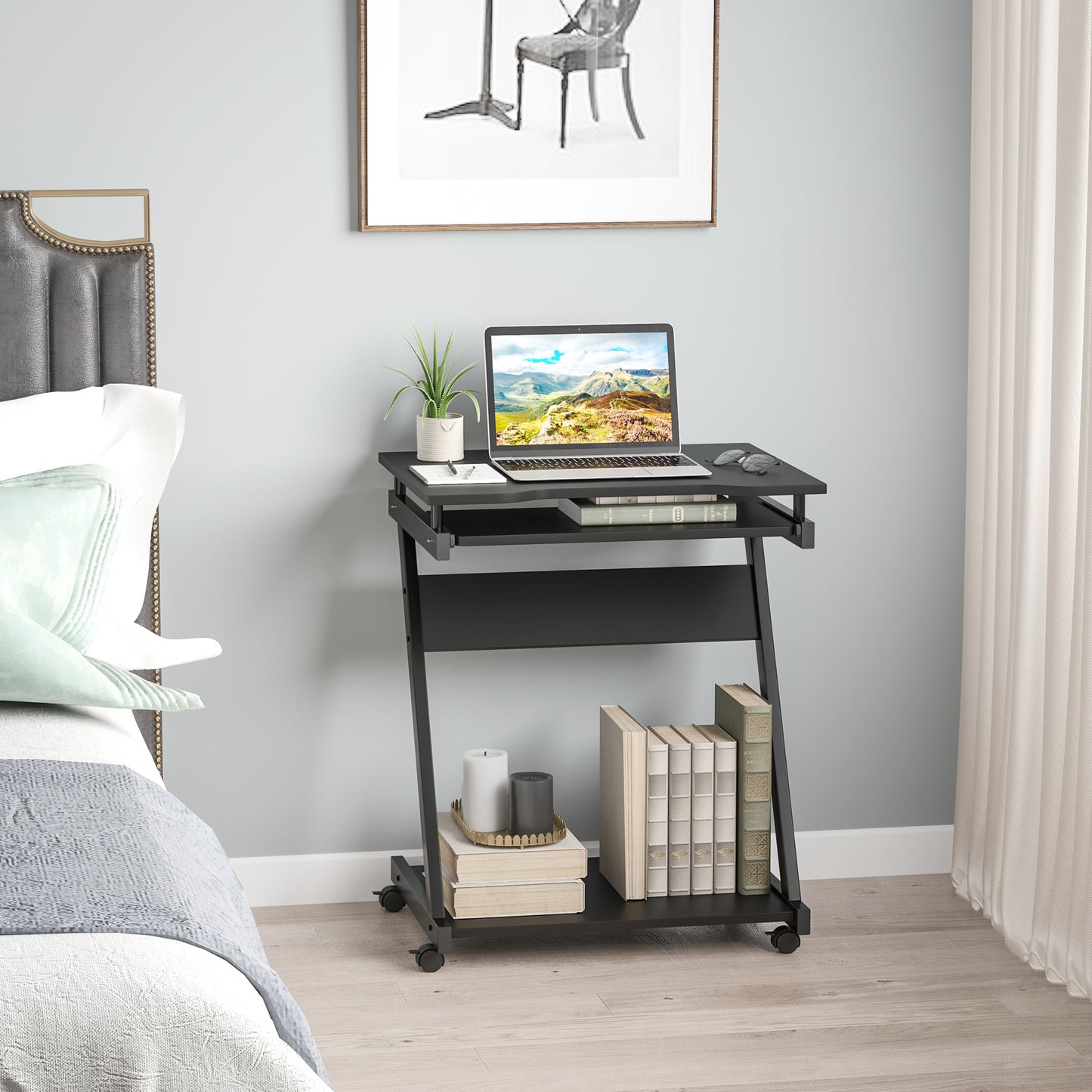 HOMCOM Movable Computer Desk with 4 Moving Wheels and Keyboard Tray Black