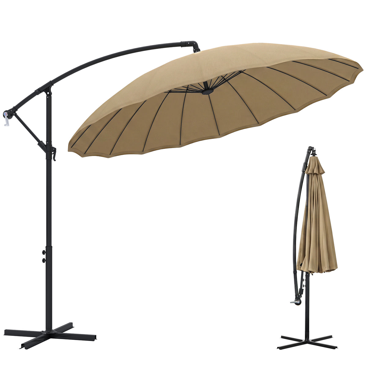 Outsunny khaki cantilever patio umbrella with 18 ribs, curved arm and cross-shaped base