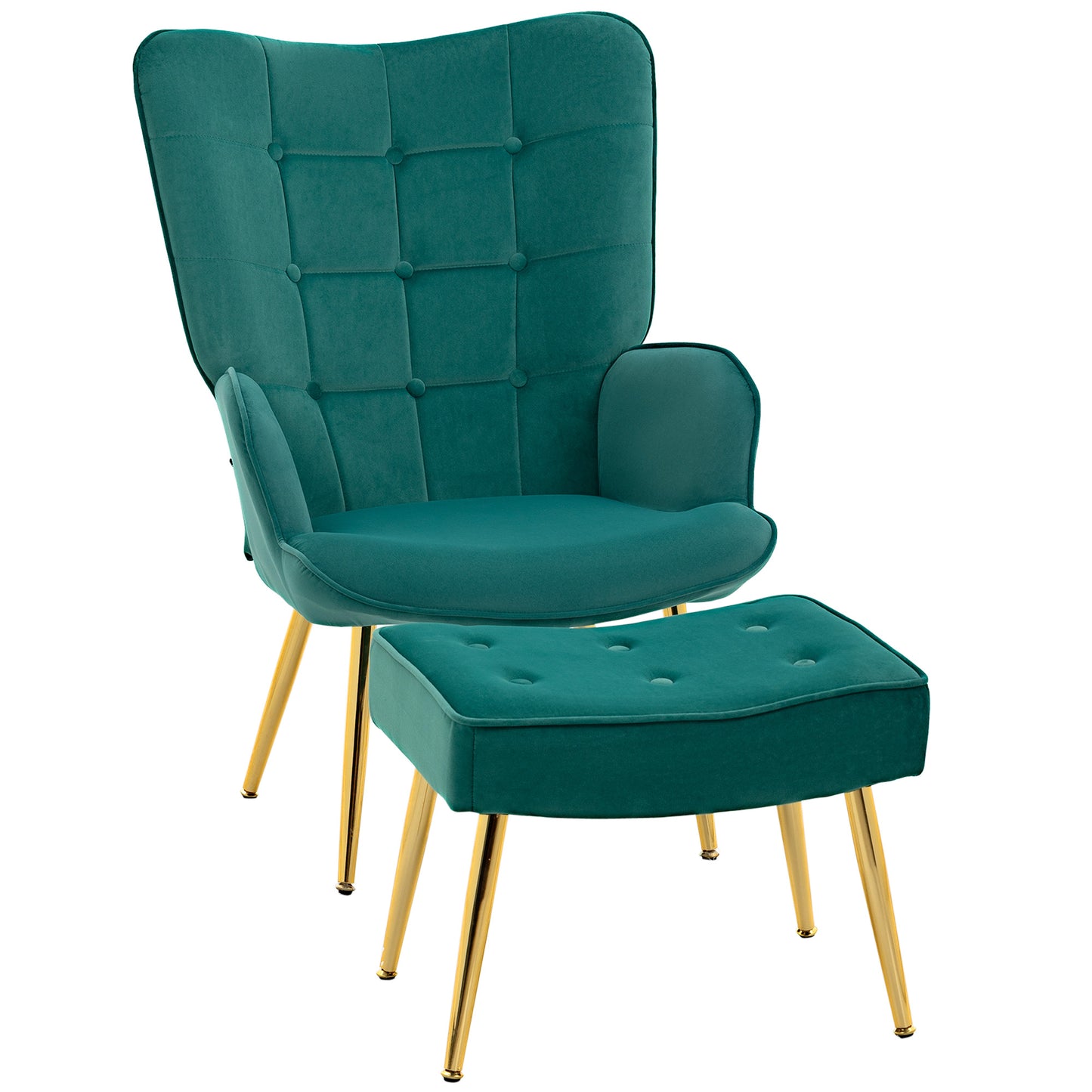 Photo of HOMCOM Modern Armchair with Footstool, Upholstered Accent Chair with Ottoman, Steel Legs, Velvet Wingback Chair for Living Room, Bedroom, Home Study, Dark Green in Green colour on a white background