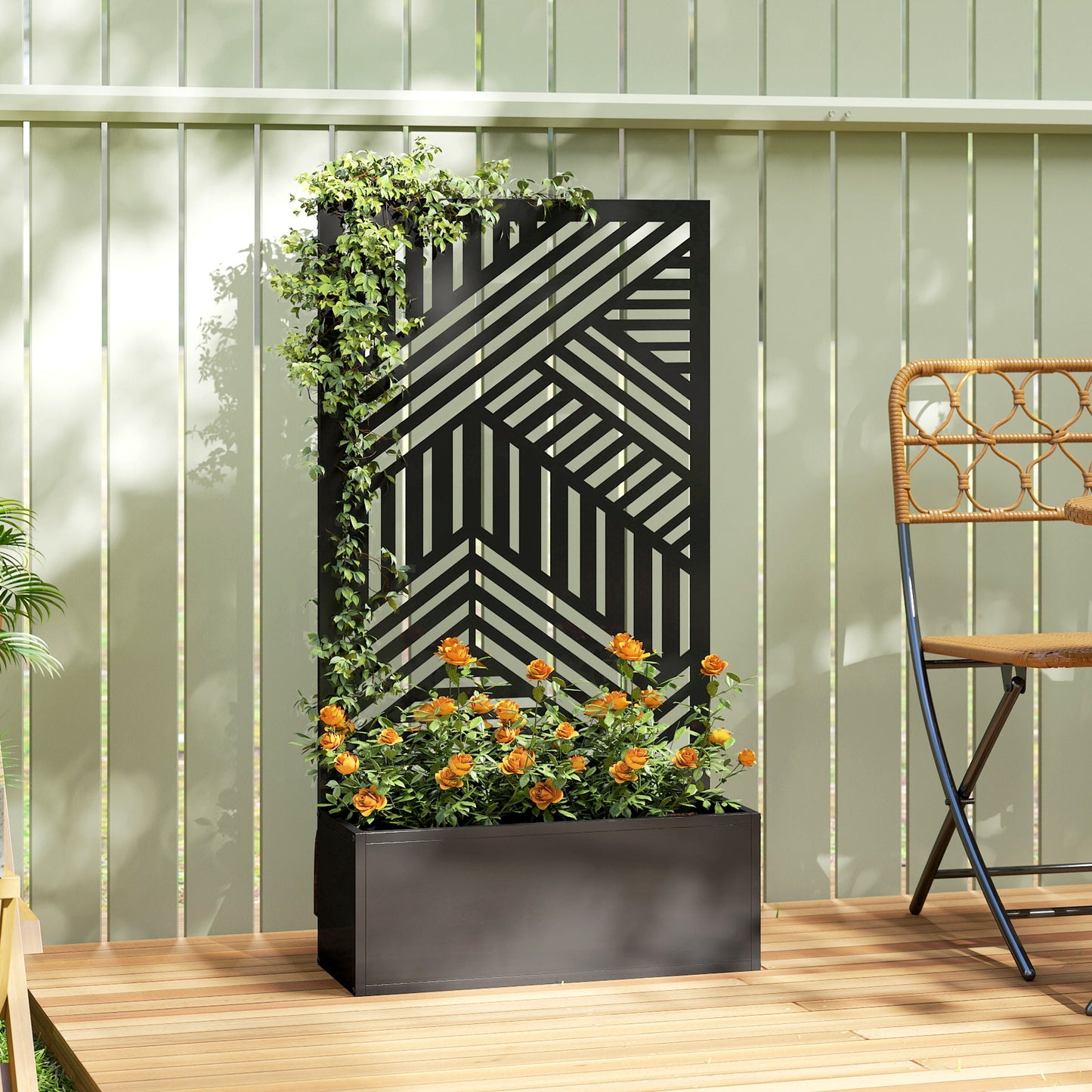 Outsunny Metal Garden Bed for Garden with Trellis, Raised Garden Bed with Privacy Screen, Geometric Slatted Cut-Out