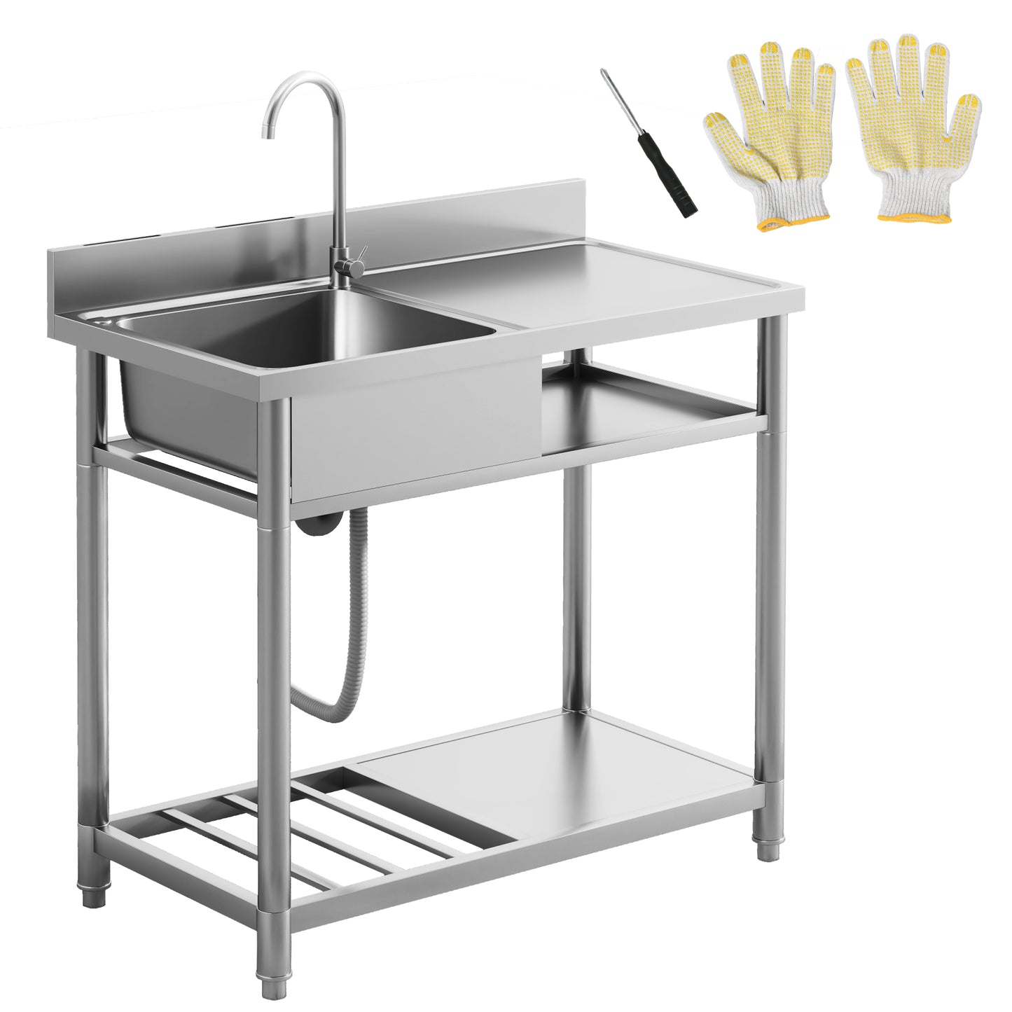 Photo of HOMCOM Outdoor Stainless Steel Kitchen Sink, Freestanding Sink Single Bowl with Cold and Hot Water Pipe and Storage Shelves in Shelves colour on a white background