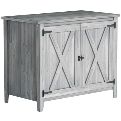Outsunny light gray wooden garden shed with a sloped roof and double barn-style doors