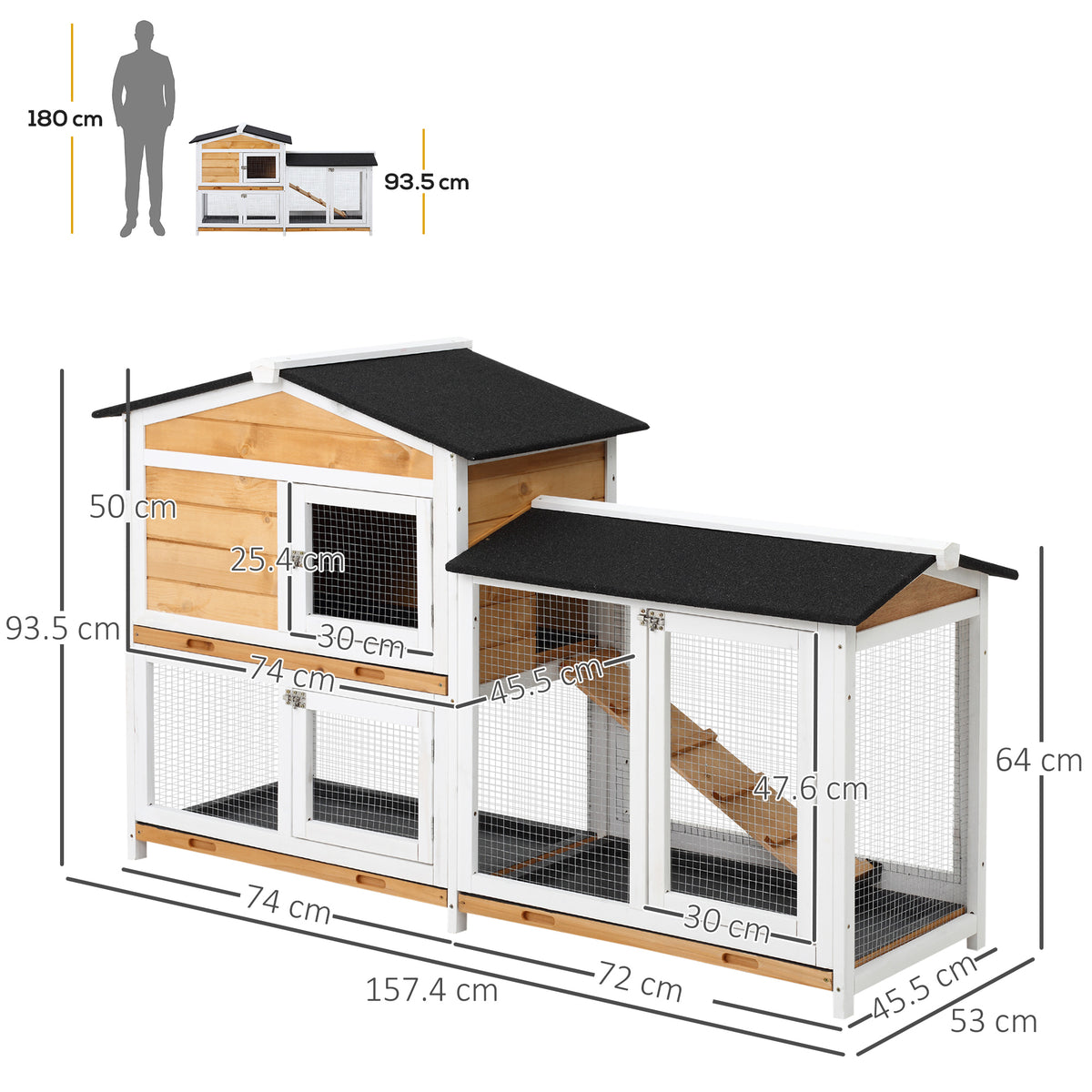 PawHut 2 Tier Rabbit Hutch with No-leak Plastic Trays Wooden Guinea Pig Hutch with Run, Yellow