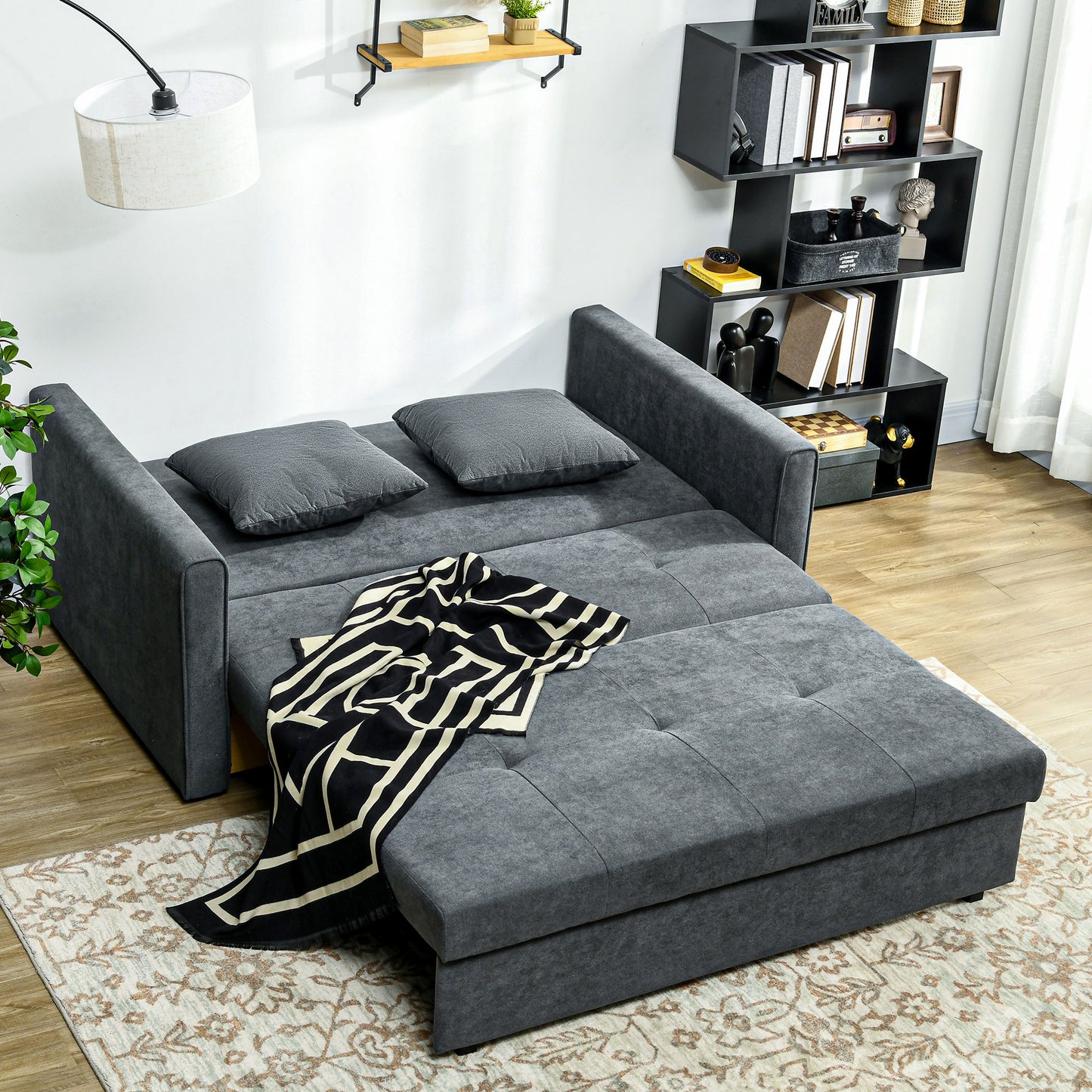 HOMCOM 2 Seater Sofa Bed with Hidden Storage, Pull Out Convertible Bed Settee, Modern Snow Flannel Loveseat Sofa Sleeper with 2 Cushions for Living Room, Guest Room, Dark Grey