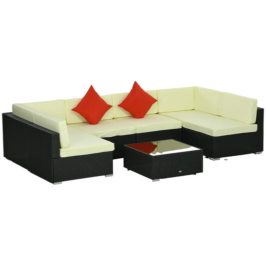 Photo of Outsunny Seven-Piece Rattan Garden Set, with Glass-Top Table - Black/Beige in Black/Beige colour on a white background
