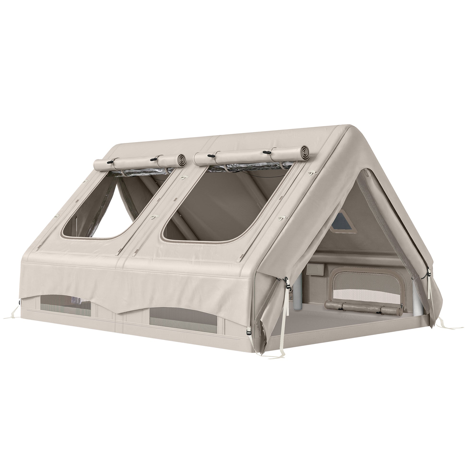 Photo of Outsunny Inflatable Camping Tent, 4 Season Hot Tent 10000mm Waterproof with Chimney Opening, Sky Light and Air Pump, Khaki in Khaki colour on a white background