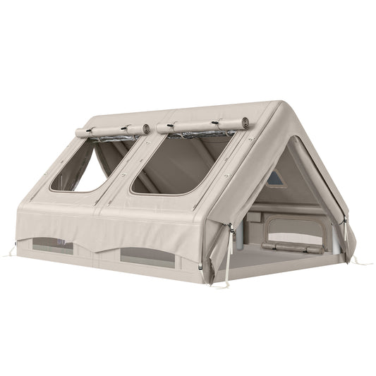 Photo of Outsunny Inflatable Camping Tent, 4 Season Hot Tent 10000mm Waterproof with Chimney Opening, Sky Light and Air Pump, Khaki in Khaki colour on a white background