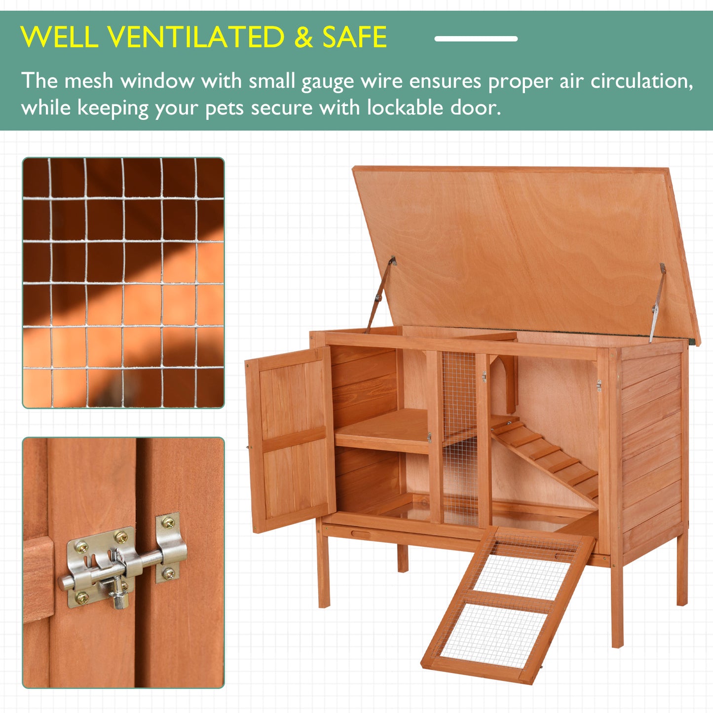 PawHut Wooden Guinea Pigs Hutches Elevated Pet Bunny House with Slide-Out Tray Openable Roof