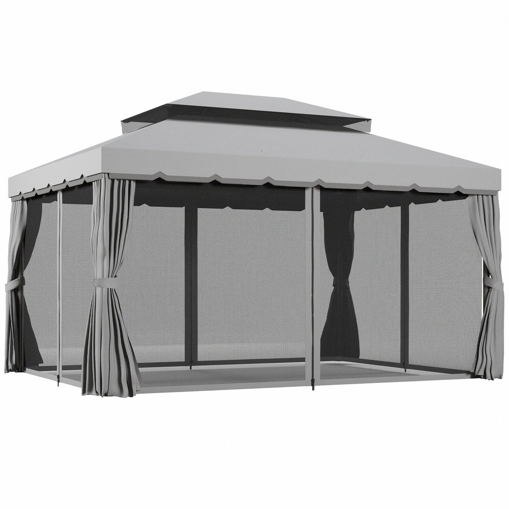 Photo of Outsunny 3 x 4m Aluminium Garden Gazebo, Marquee Canopy Shelter Pavilion Party Tent with Nets and Curtains for Garden and Deck, Light Grey in Grey colour on a white background