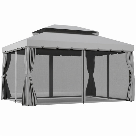 Photo of Outsunny 3 x 4m Aluminium Garden Gazebo, Marquee Canopy Shelter Pavilion Party Tent with Nets and Curtains for Garden and Deck, Light Grey in Grey colour on a white background