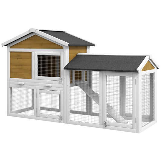 Photo of PawHut Wooden Rabbit Hutch Outdoor, Double Tier with Water-Resistant Roof, Ramp 147 x 54 x 84 cm, Yellow in Yellow colour on a white background