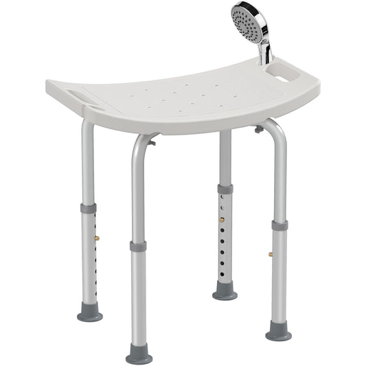 White adjustable bath stool with perforated curved seat, aluminum legs and non-slip feet
