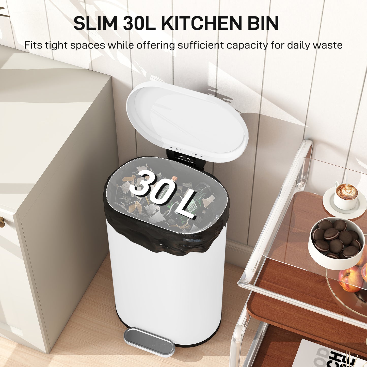 HOMCOM 30 L Modern Curved Kitchen Bin - White