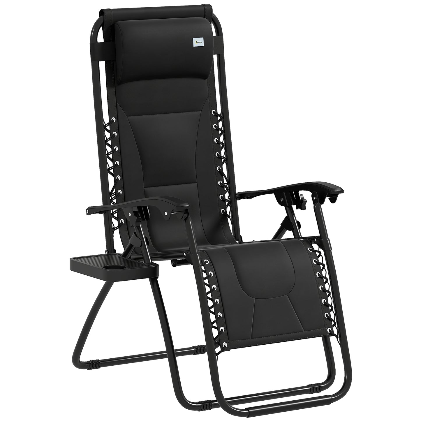 Photo of Outsunny Zero Gravity Lounger Chair, Folding Reclining Patio Chair with Padded Seat, Cup Holder, Soft Cushion and Headrest for Poolside, Camping, Black in Black colour on a white background
