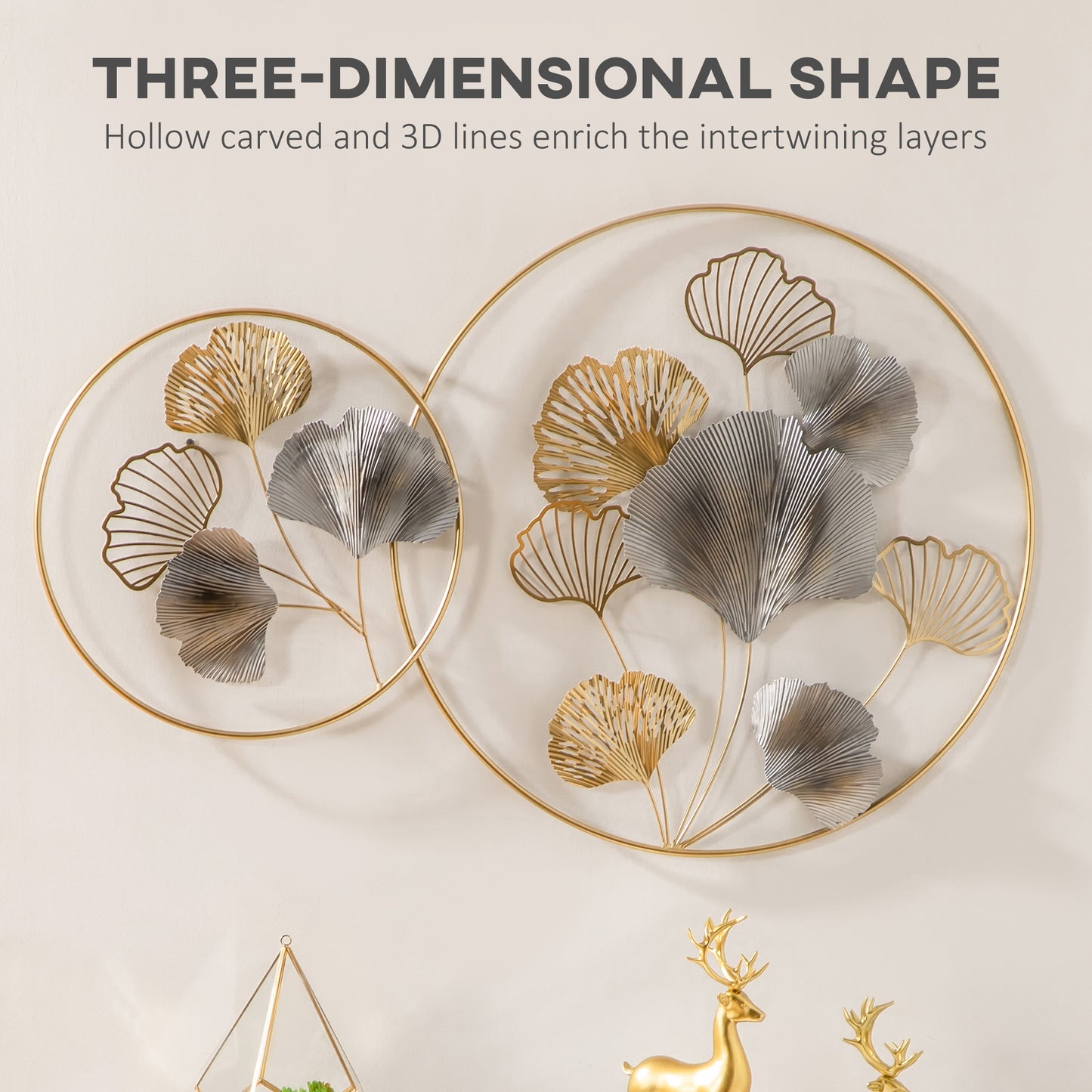 HOMCOM Large Metal Wall Art, Modern Hanging Wall Sculpture with Unique Multi-leaf Design, Horizontal or Vertical Metal Hanging Decoration for Living Room Bedroom Entryway, Gold Silver