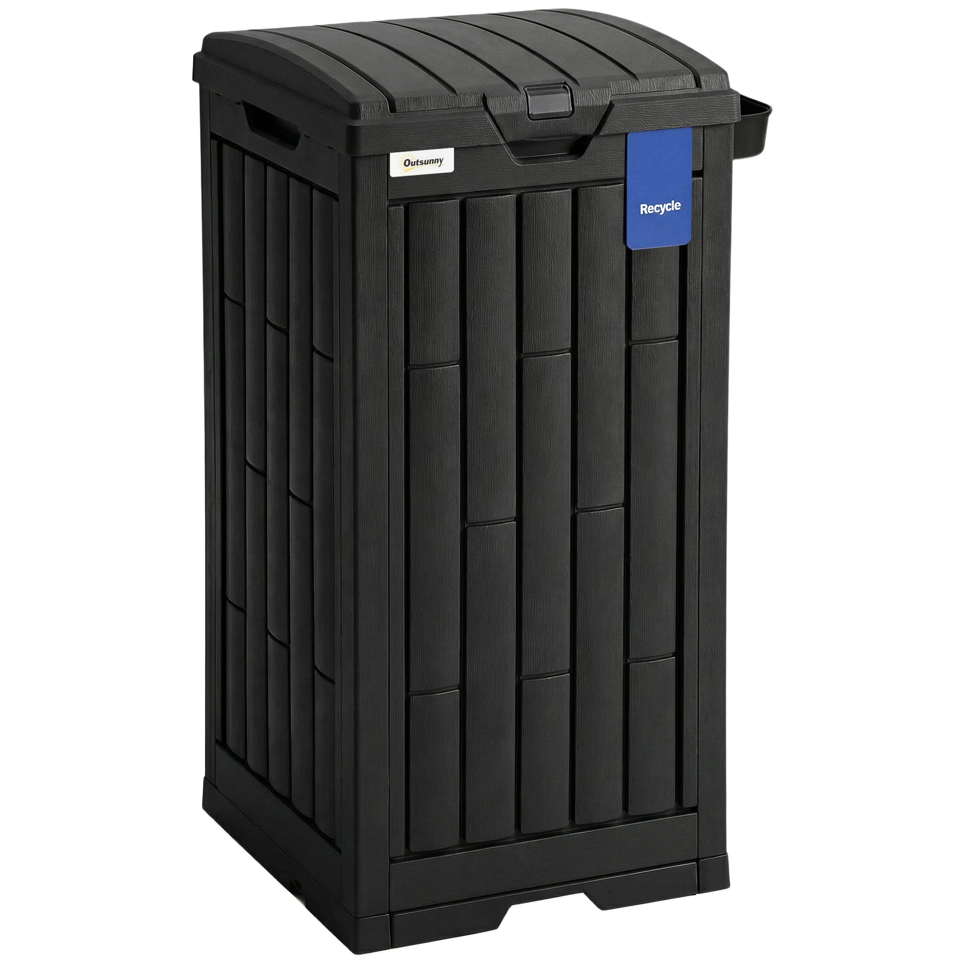 Photo of Outsunny 110 L Outdoor Bin with Dual Lid, Waterproof Plastic Trash Bin with Ashtray and Drip Tray, Garden Waste Trash Bin, Black in Black colour on a white background