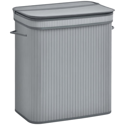 Grey bamboo laundry hamper with a fitted lid and side handles