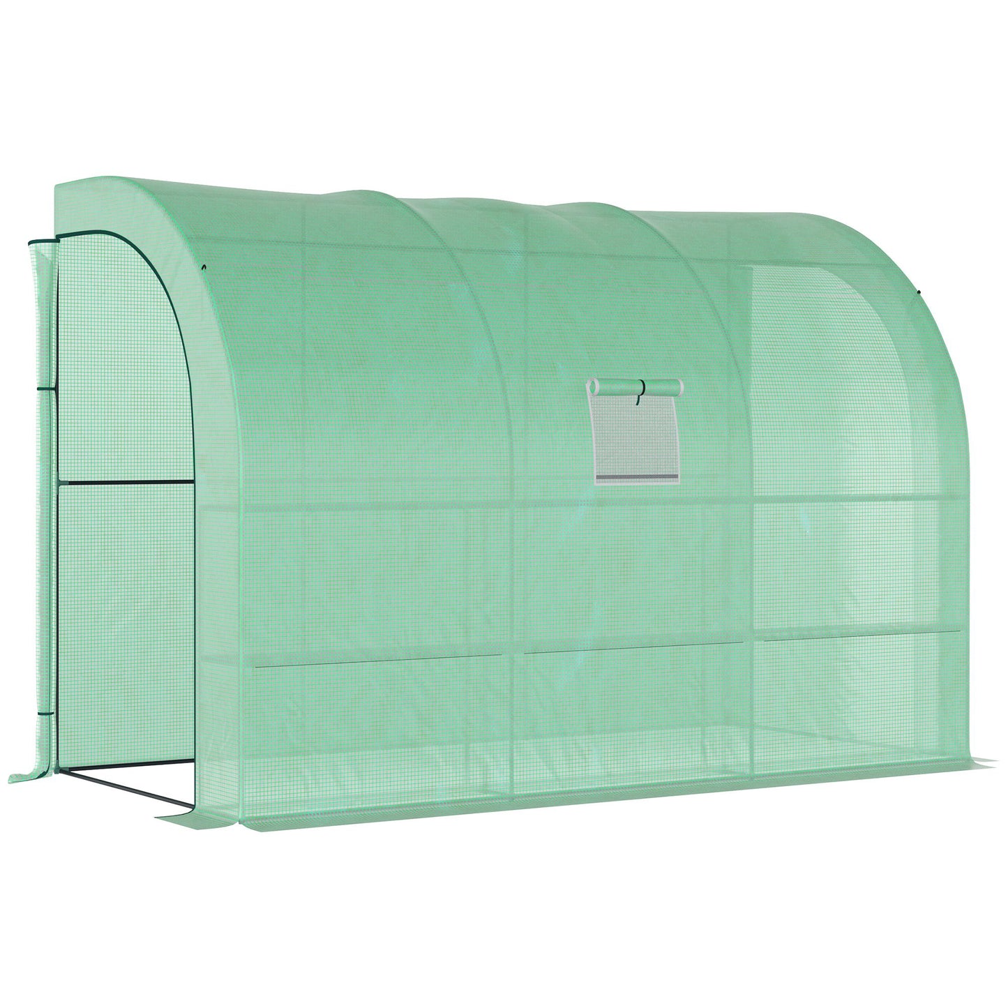 Photo of Outsunny Walk-In Lean to Greenhouse with Windows and Zippered Doors, 2 Tiers 6 Wired Shelves 300L x 150W x 213Hcm Green in Green colour on a white background