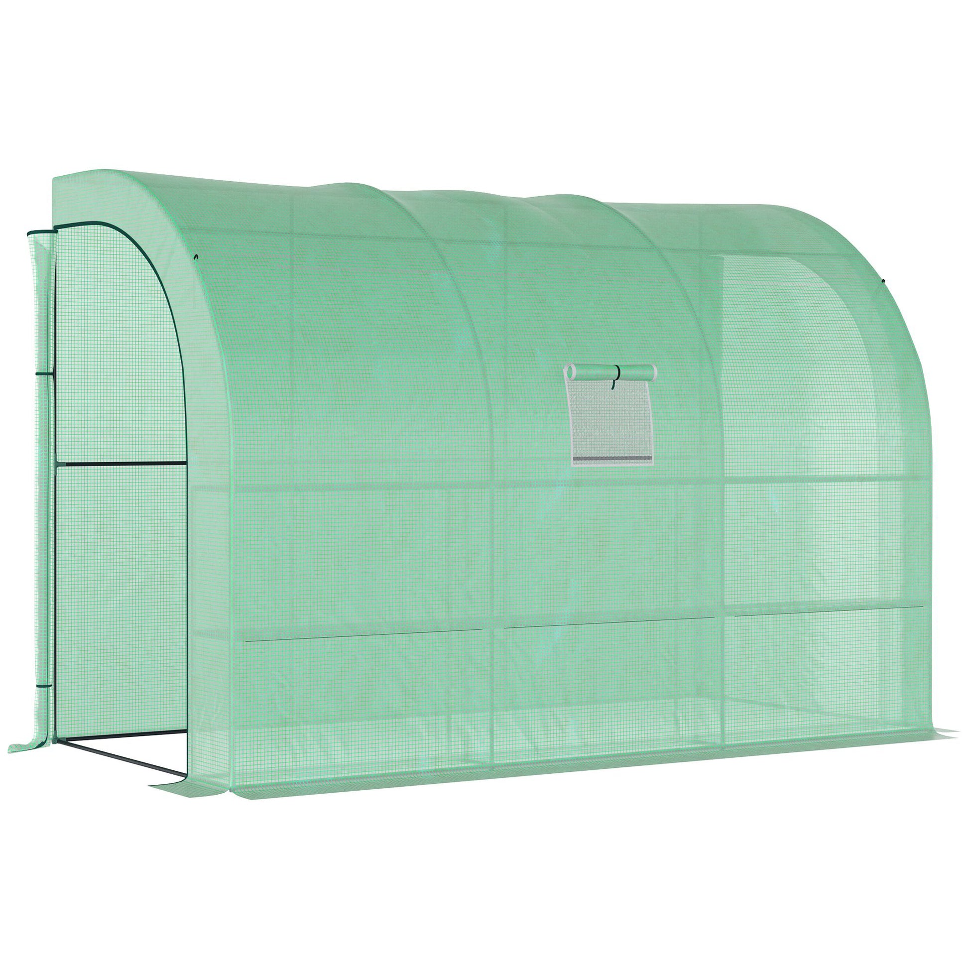 Photo of Outsunny Walk-In Lean to Greenhouse with Windows and Zippered Doors, 2 Tiers 6 Wired Shelves 300L x 150W x 213Hcm Green in Green colour on a white background