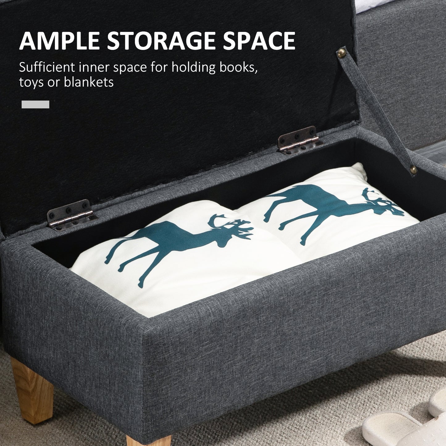 HOMCOM 30L Linen Storage Ottoman Padded Footstool with Rubberwood Legs for Storage Box, Bed End, Shoe Bench, Seating, Dark Grey