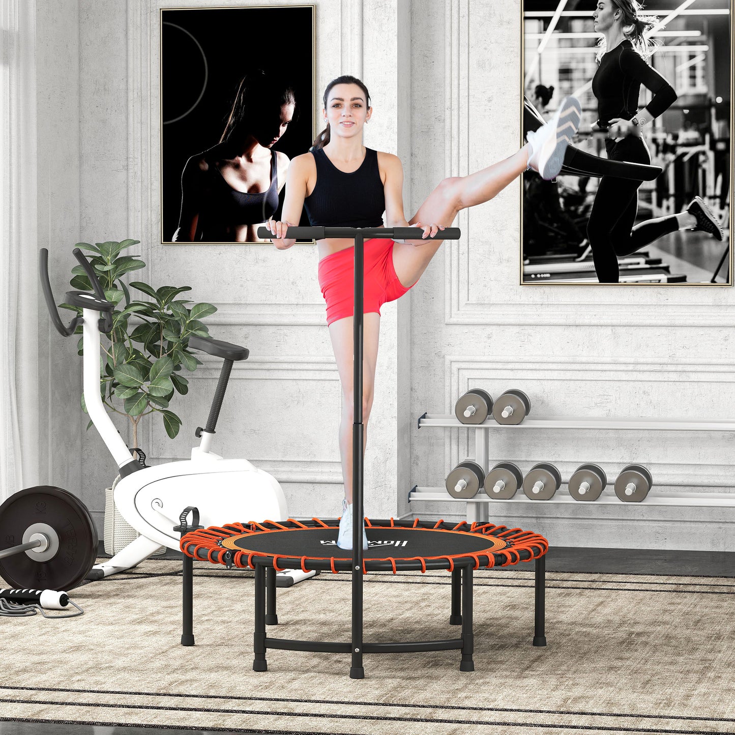 HOMCOM Mini Round Steel Frame Trampoline w/ Adjustable Handle, Orange