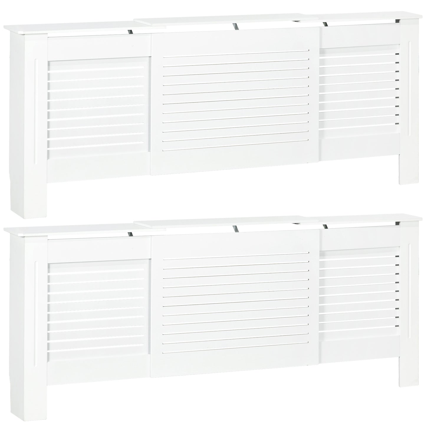 Photo of HOMCOM Set of 2 MDF Extendable Radiator Cover with Cabinet Shelving, Home Office Slatted Design, White 139-208.5L x 20.5W x 82.5H cm in cm colour on a white background