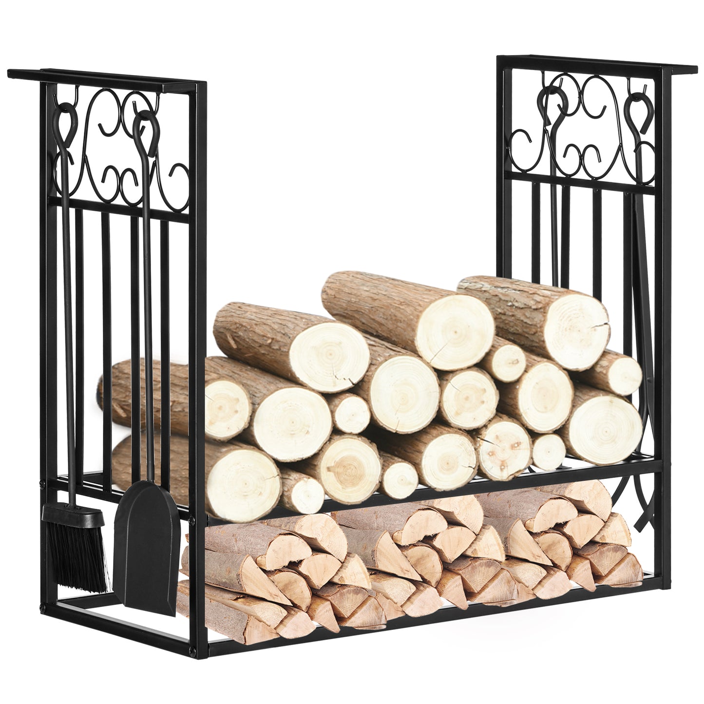 Photo of HOMCOM Steel Firewood Log Holder Indoor Outdoor Firewood Rack Fireplace Wood Storage Shelf with 4 Tools, Hooks, Scrolls, Rust-Resistant, Black, 75L x 30W x 60H cm in cm colour on a white background