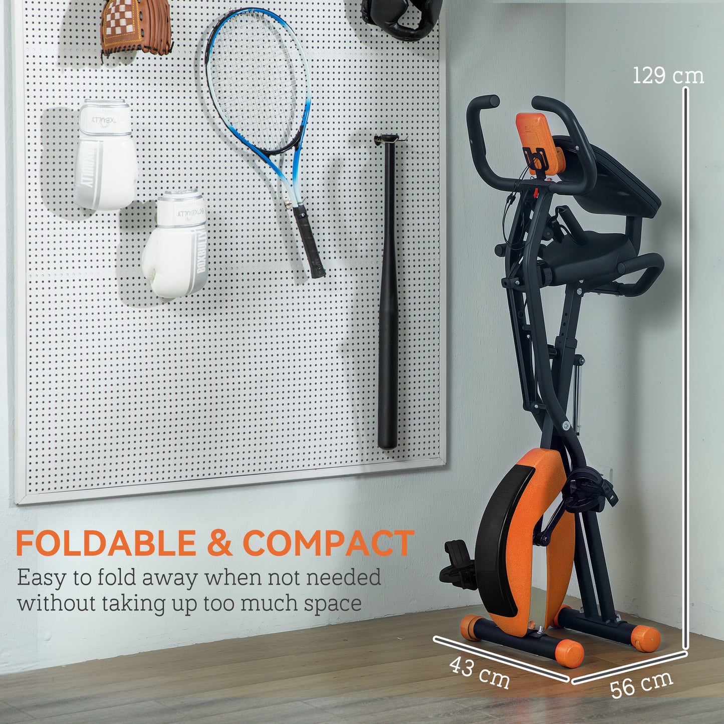 SPORTNOW Five-in-one Foldable Exercise Bike, Stationary Bike with Arm Workout Bands, LDC Monitor, Phone Holder, Orange