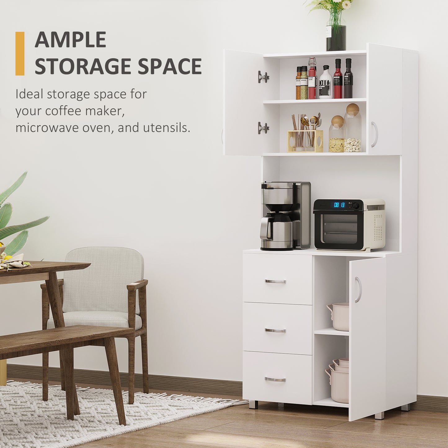 HOMCOM 183.5cm Free standing Kitchen Cupboard, Storage Cabinet with Doors and Sheleves, 3 drawers and Open Space, Adjustable Height Storage Unit, White