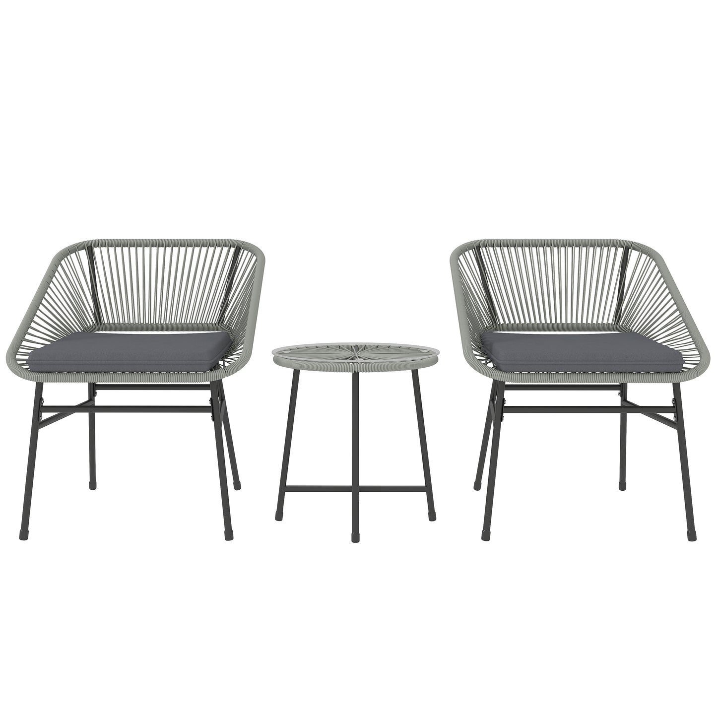 Photo of Outsunny 3 Pieces Rattan Bistro Set, Wicker Small Garden Table and Chairs Set with Cushions and Glass Top Coffee Table, Bistro Garden Furniture Set for Outdoor, Patio, Balcony, Light Grey in Grey colour on a white background