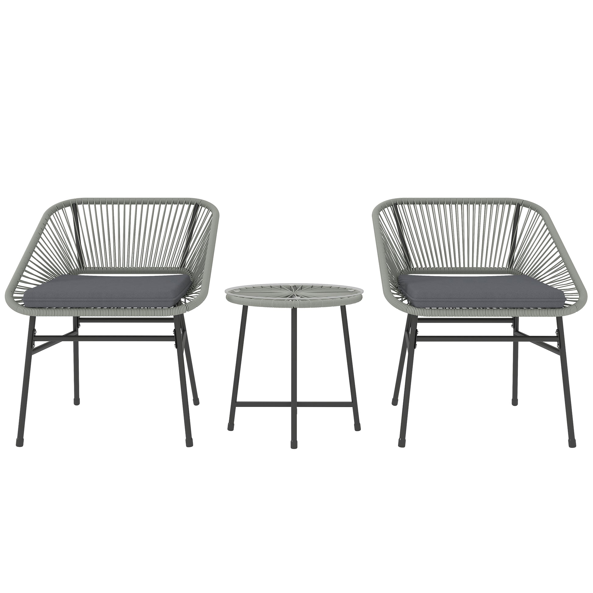 Photo of Outsunny 3 Pieces Rattan Bistro Set, Wicker Small Garden Table and Chairs Set with Cushions and Glass Top Coffee Table, Bistro Garden Furniture Set for Outdoor, Patio, Balcony, Light Grey in Grey colour on a white background