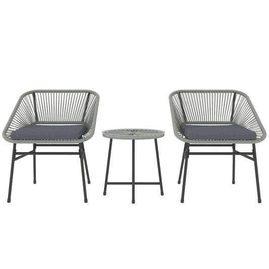 Photo of Outsunny 3 Pieces Rattan Bistro Set, Wicker Small Garden Table and Chairs Set with Cushions and Glass Top Coffee Table, Bistro Garden Furniture Set for Outdoor, Patio, Balcony, Light Grey in Grey colour on a white background