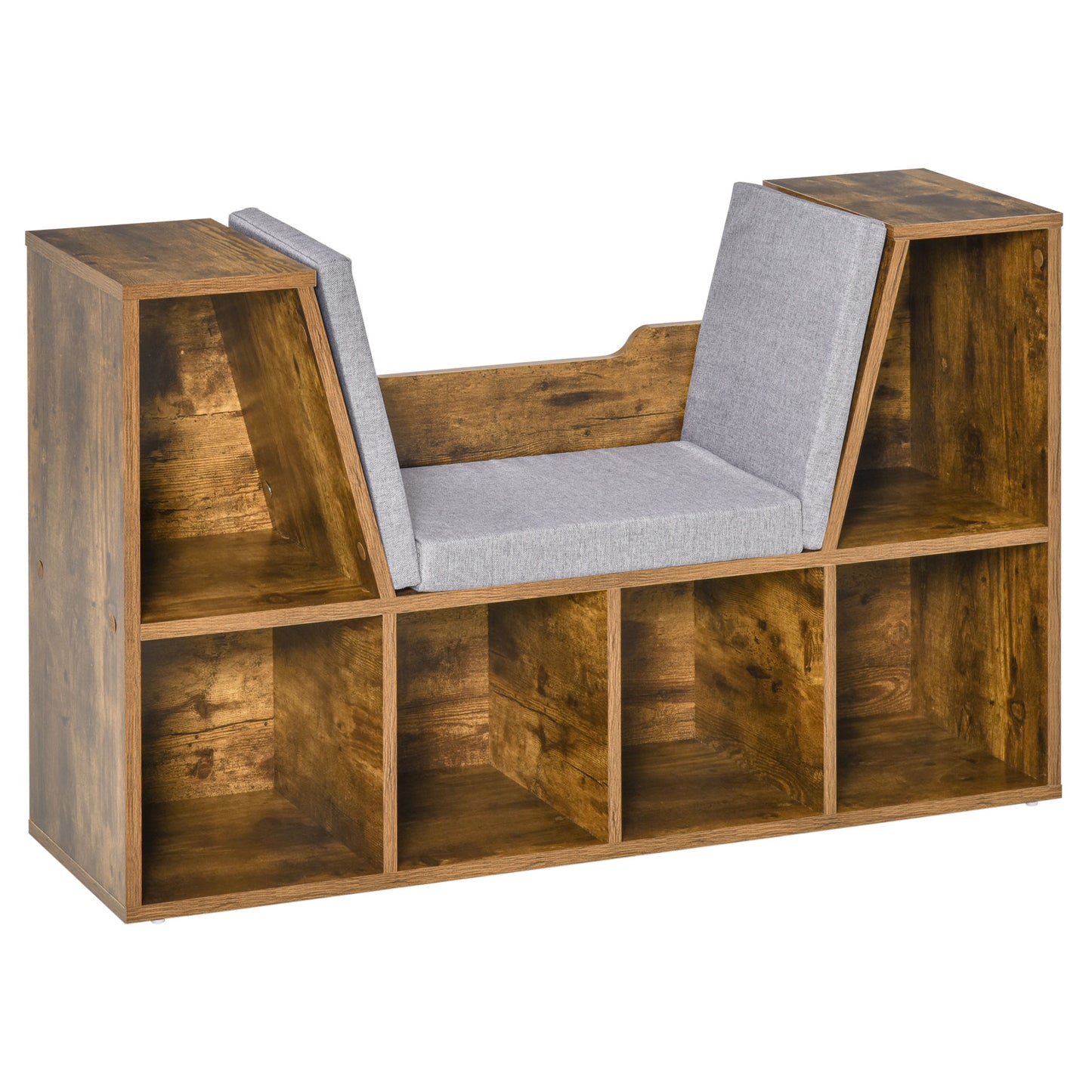 Photo of HOMCOM Bookcase Storage Shelf with Cushioned Reading Seat, Cube Bookshelf Organizer for Bedroom Living Room, Rustic Brown in Brown colour on a white background