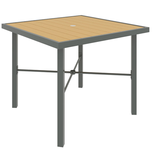 Photo of Outsunny Garden Table for 4, 90 cm Rectangular Outdoor Dining Table with 4.2 cm Umbrella Hole, Wood Effect Top, Rust Resistant Frame, for Patio, Balcony, Terrace, Natural Wood Finish in Finish colour on a white background