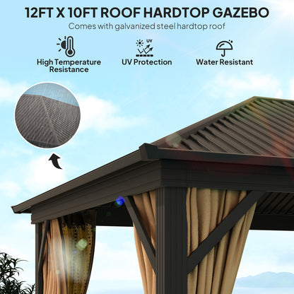 Close-up of the gazebo's ribbed hardtop roof, frame and curtain