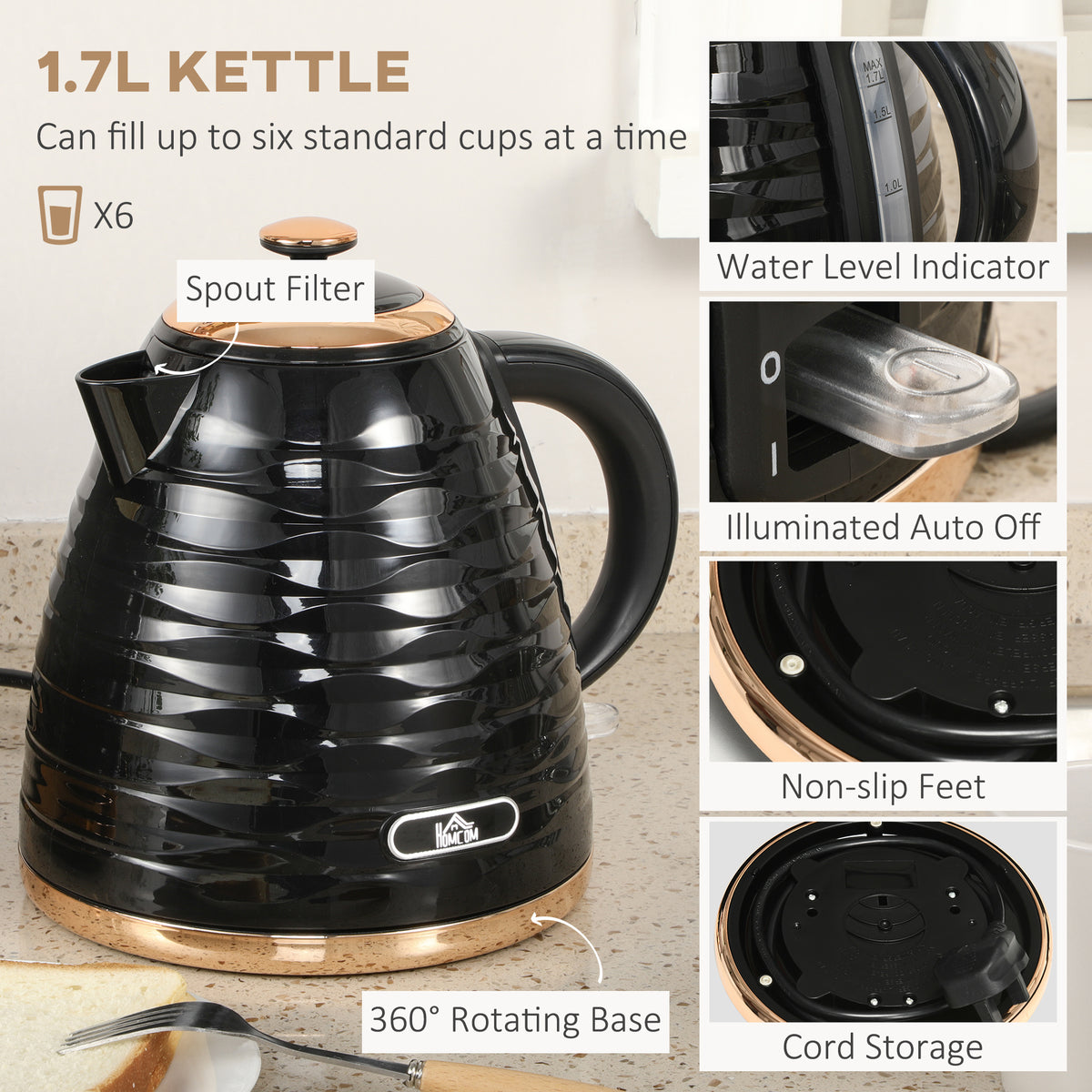HOMCOM Kettle and Toaster Sets, 3000W 1.7L Rapid Boil Kettle & 4 Slice Toaster with 7 Browning Controls, Defrost, Reheat and Crumb Tray, UK Otter thermostat, Black