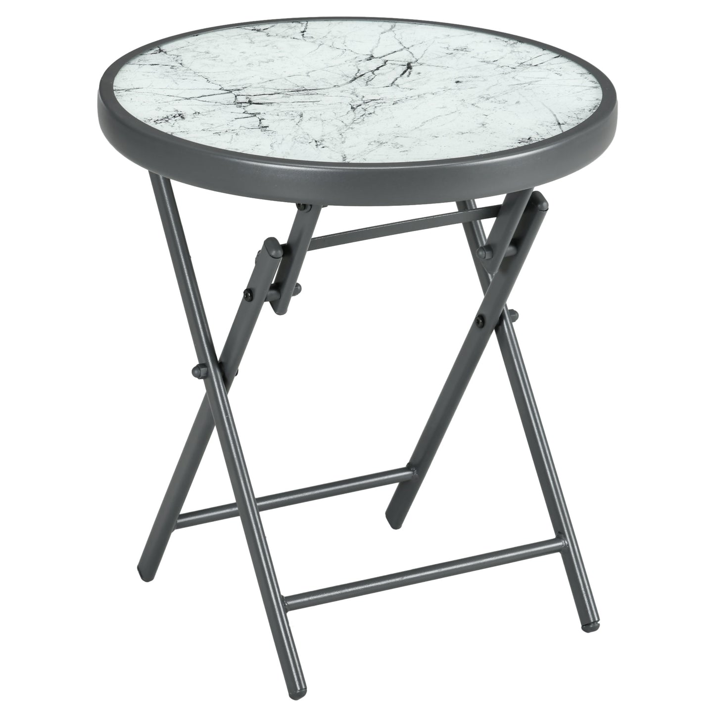 Photo of Outsunny Φ45cm Garden Side Table, Outdoor Round Folding Patio Table with Imitation Marble Glass Top, Small Coffee Table, White in White colour on a white background