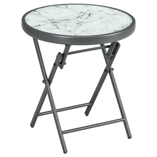 Photo of Outsunny Φ45cm Garden Side Table, Outdoor Round Folding Patio Table with Imitation Marble Glass Top, Small Coffee Table, White in White colour on a white background