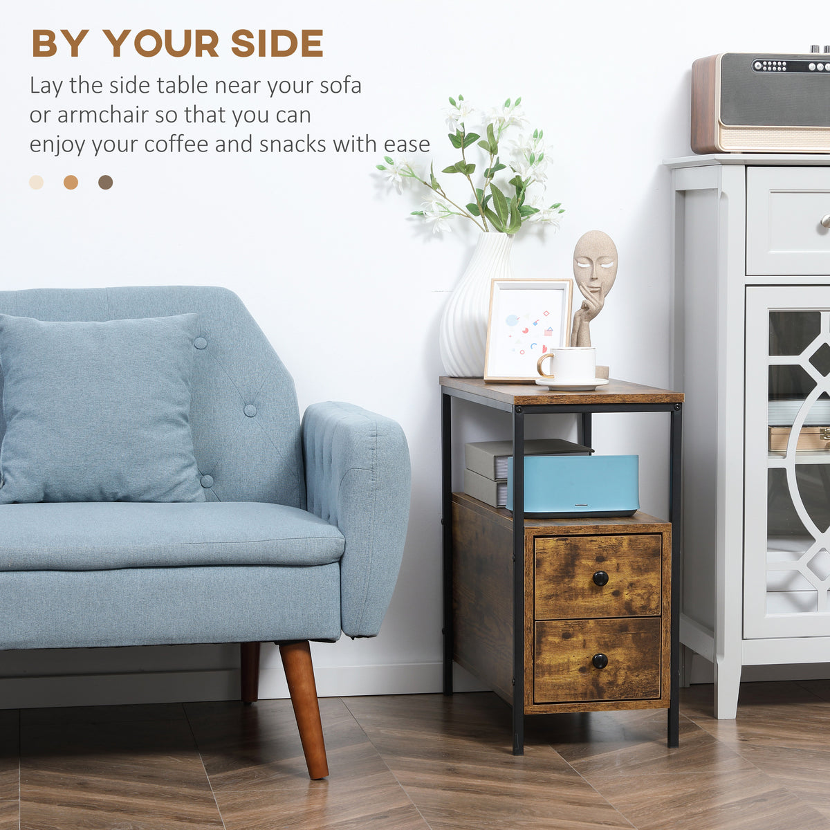 Rustic brown side table beside a sofa, with two drawers and an open shelf