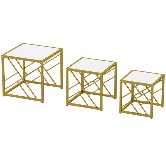Photo of HOMCOM Nesting Coffee Tables, Set of 3 Square Side Tables with Gold Metal Frame, for Living Room, Bedroom and Office, White in White colour on a white background