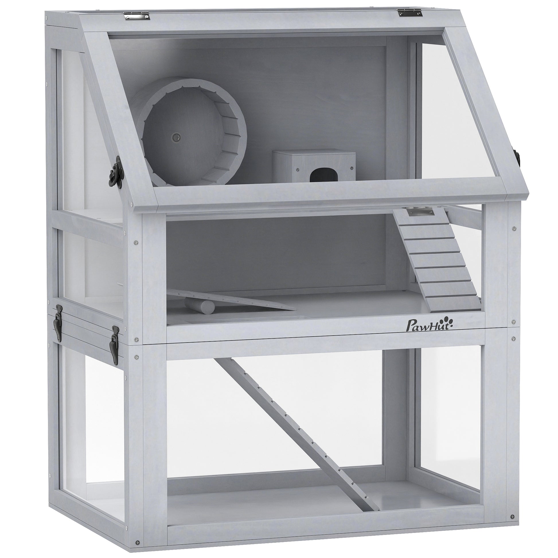 Photo of PawHut Wooden Hamster Cage with Detachable 32cm Deep Bottom, Hut, Seesaw, Exercise Wheel, Ramp, 60 x 40 x 75cm, Light Grey in Grey colour on a white background