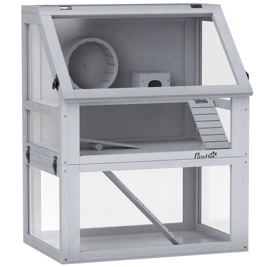 Photo of PawHut Wooden Hamster Cage with Detachable 32cm Deep Bottom, Hut, Seesaw, Exercise Wheel, Ramp, 60 x 40 x 75cm, Light Grey in Grey colour on a white background