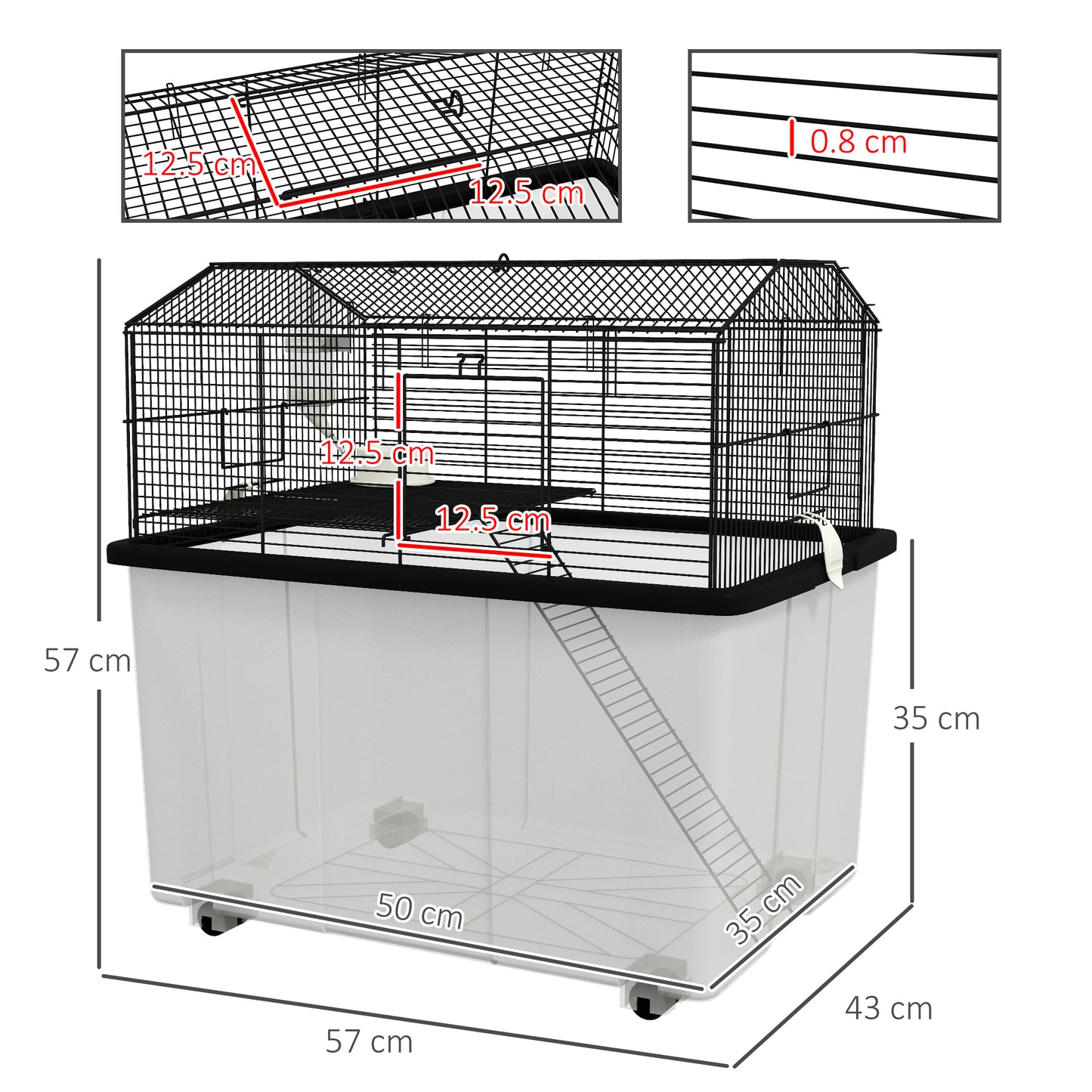 PawHut Two-Tier Gerbil Cage, Hamster Cage for Dwarf Hamster w/ Wheels, Deep Bottom, Food Dish, Water Bottle