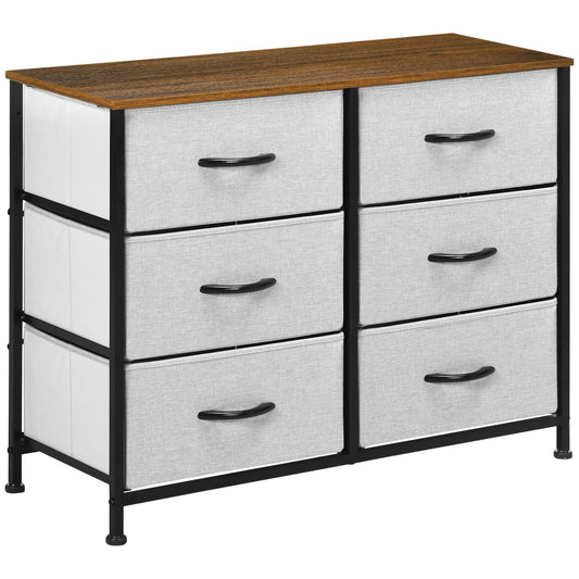 Photo of HOMCOM Fabric Chest of Drawers, Storage Drawers, Industrial Bedroom Dresser with 6 Fabric Drawers, Steel Frame and Wooden Top for Nursery, Living Room, Hallway, Grey in Grey colour on a white background