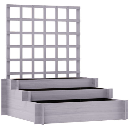 Grey three-tier wooden raised planter with climbing trellis