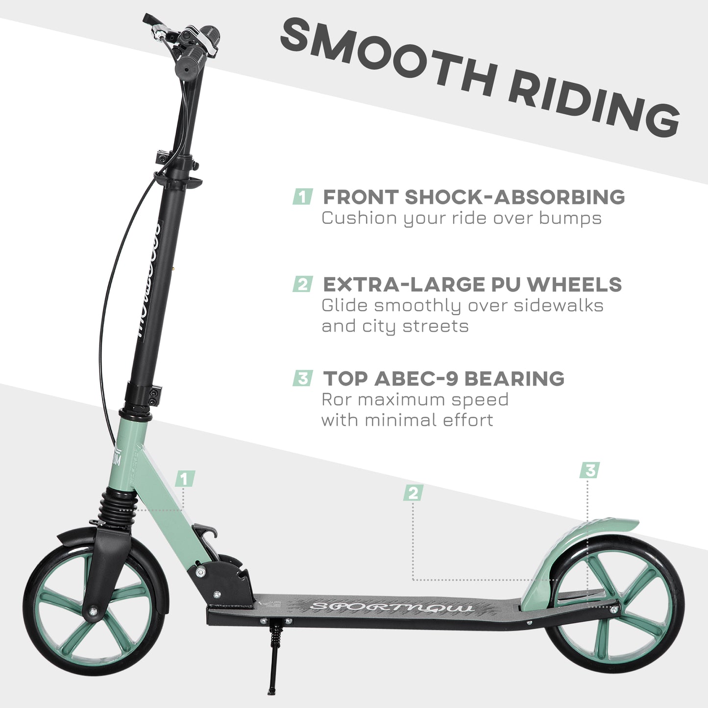 HOMCOM One-click Folding Kick Scooter for 14+ w/ Adjustable Handlebar, Push Scooter with Kickstand, Dual Brake System, Shock Absorber, 200mm Wheels & ABEC-9 Bearings, Green
