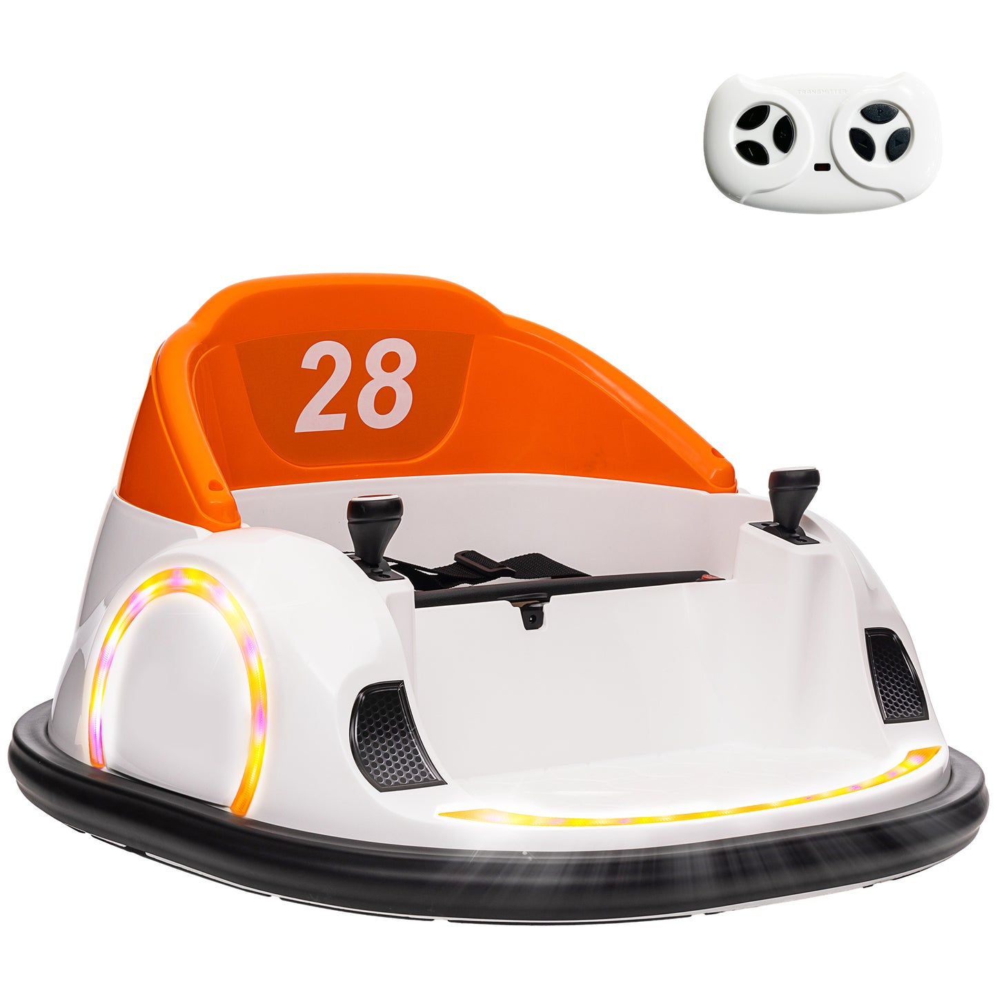 Photo of AIYAPLAY 360° Rotation Kids Bumper Car, 12V Waltzer Car with Remote Control, Dual Joysticks, Music Lights, Orange in Orange colour on a white background