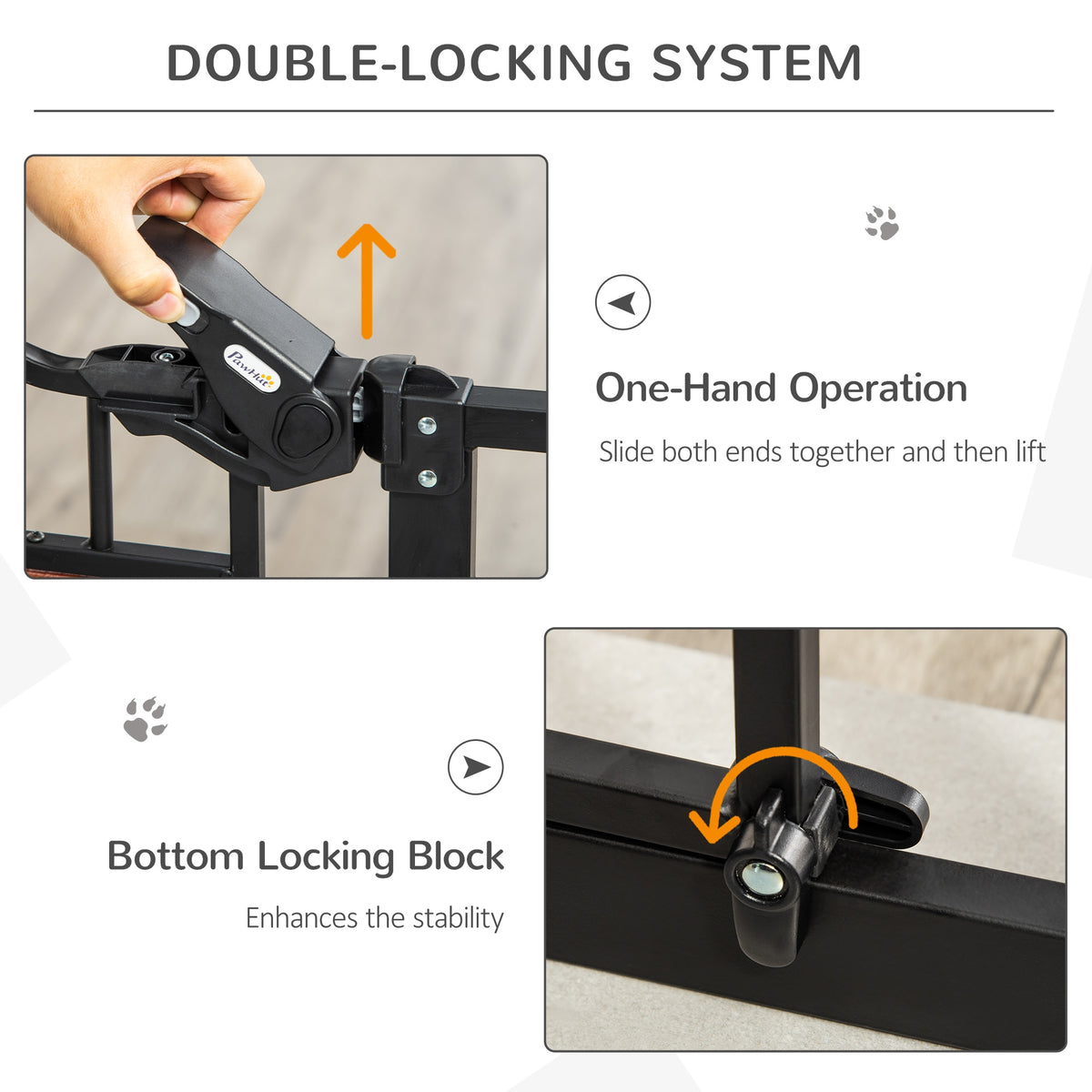 Black pet gate close-up showing the top double-locking latch and bottom locking block