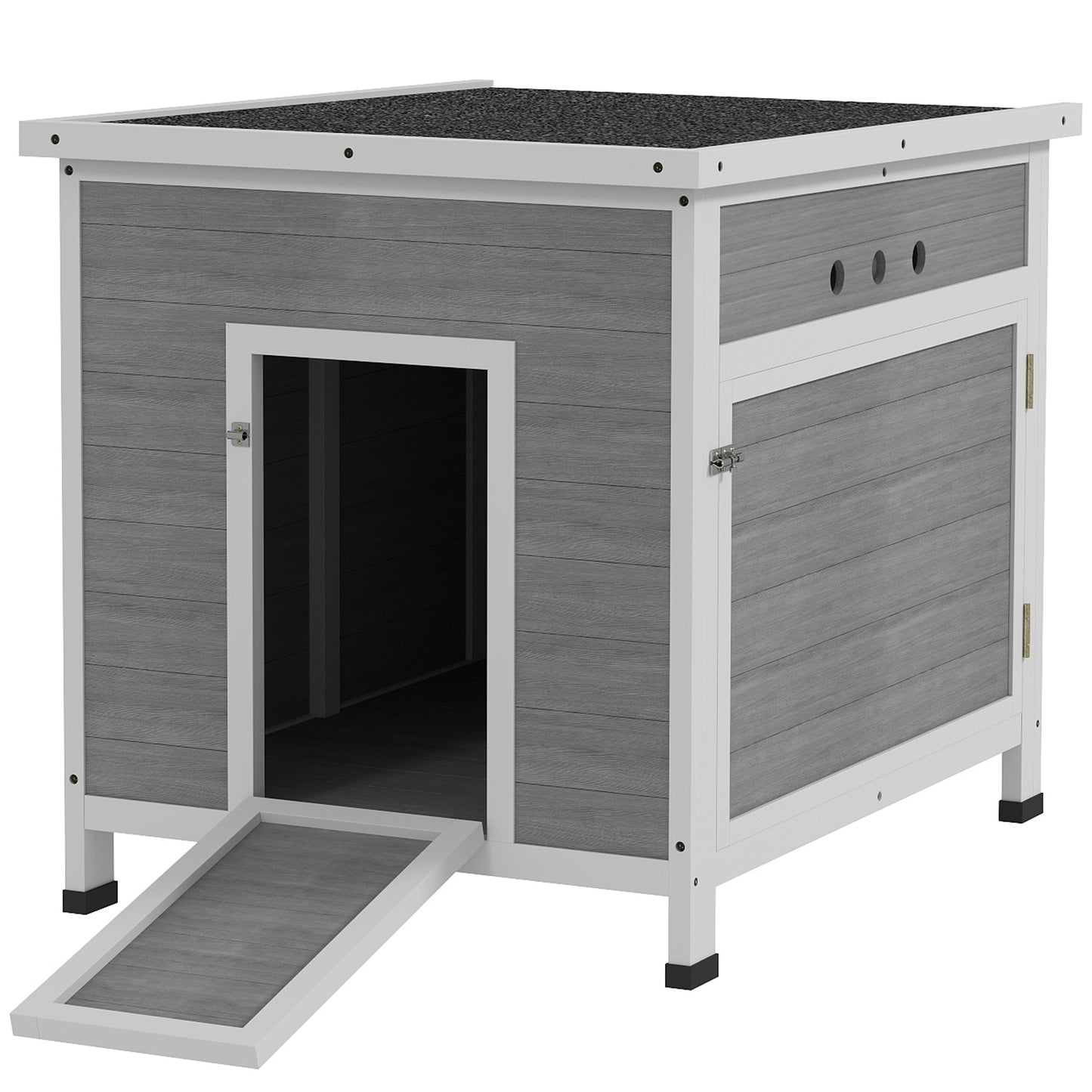 Photo of PawHut Wooden Duck House with Ramp, Double Doors, Openable Asphalt Roof, Ventilation Holes, Removable Base, Light Grey in Grey colour on a white background