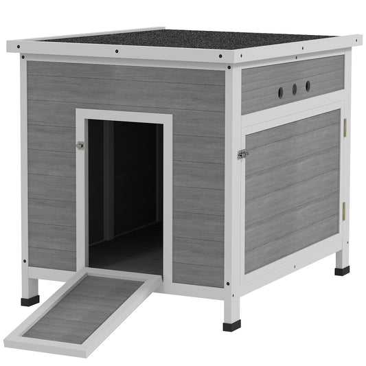 Photo of PawHut Wooden Duck House with Ramp, Double Doors, Openable Asphalt Roof, Ventilation Holes, Removable Base, Light Grey in Grey colour on a white background